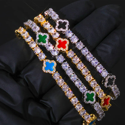 S925 Sterling Silver Moissanite Clover Bracelet | Color Enamel Tennis Chain | Tester Passed Rapper Chain Style | Caratix - CaratixJewelry