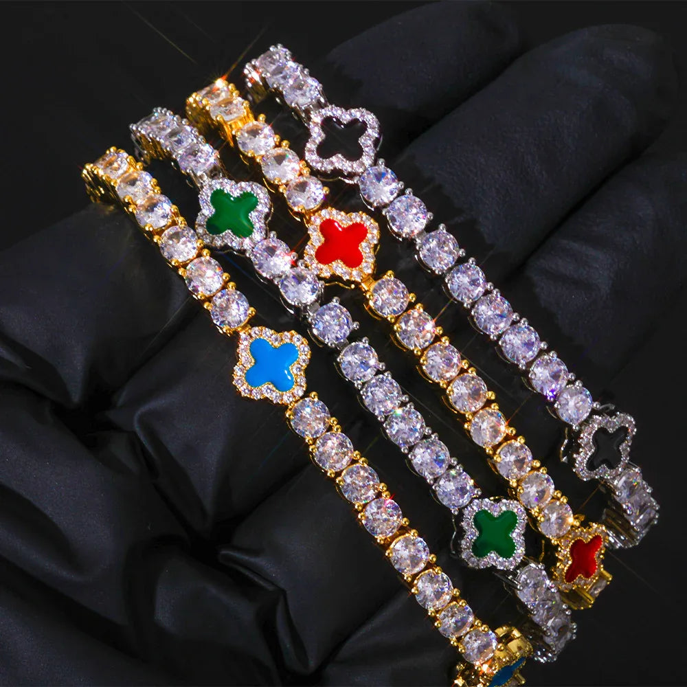 4mm S925 Sterling Silver Color Enamel Clover Bracelet | Iced Out Tennis Chain | Custom Rapper Iced Out Chain Style | Caratix - CaratixJewelry