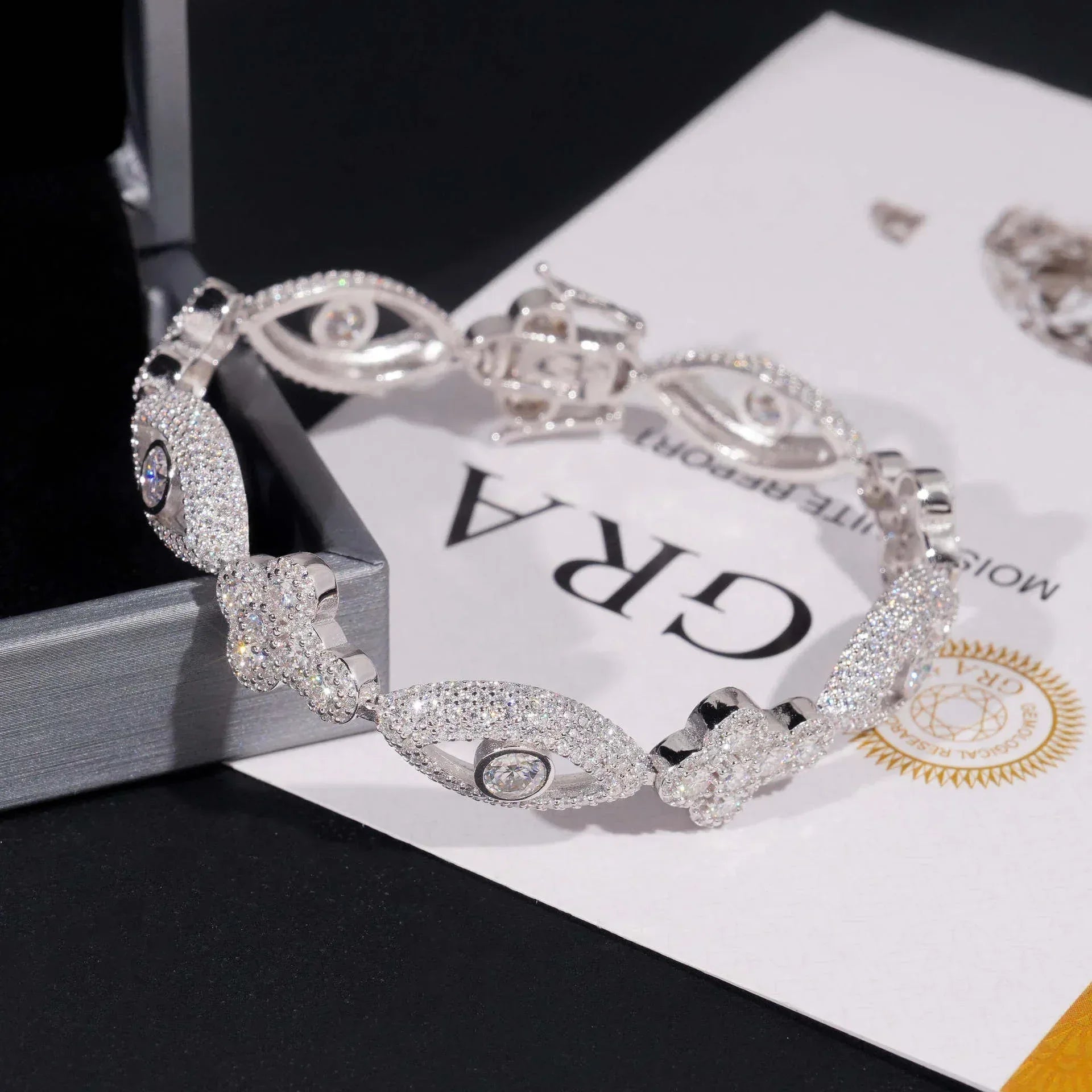 Moissanite Eye & Cross Cuban Link Bracelet – S925 Sterling Silver Iced-Out Hip Hop Streetwear Jewelry - CaratixJewelry