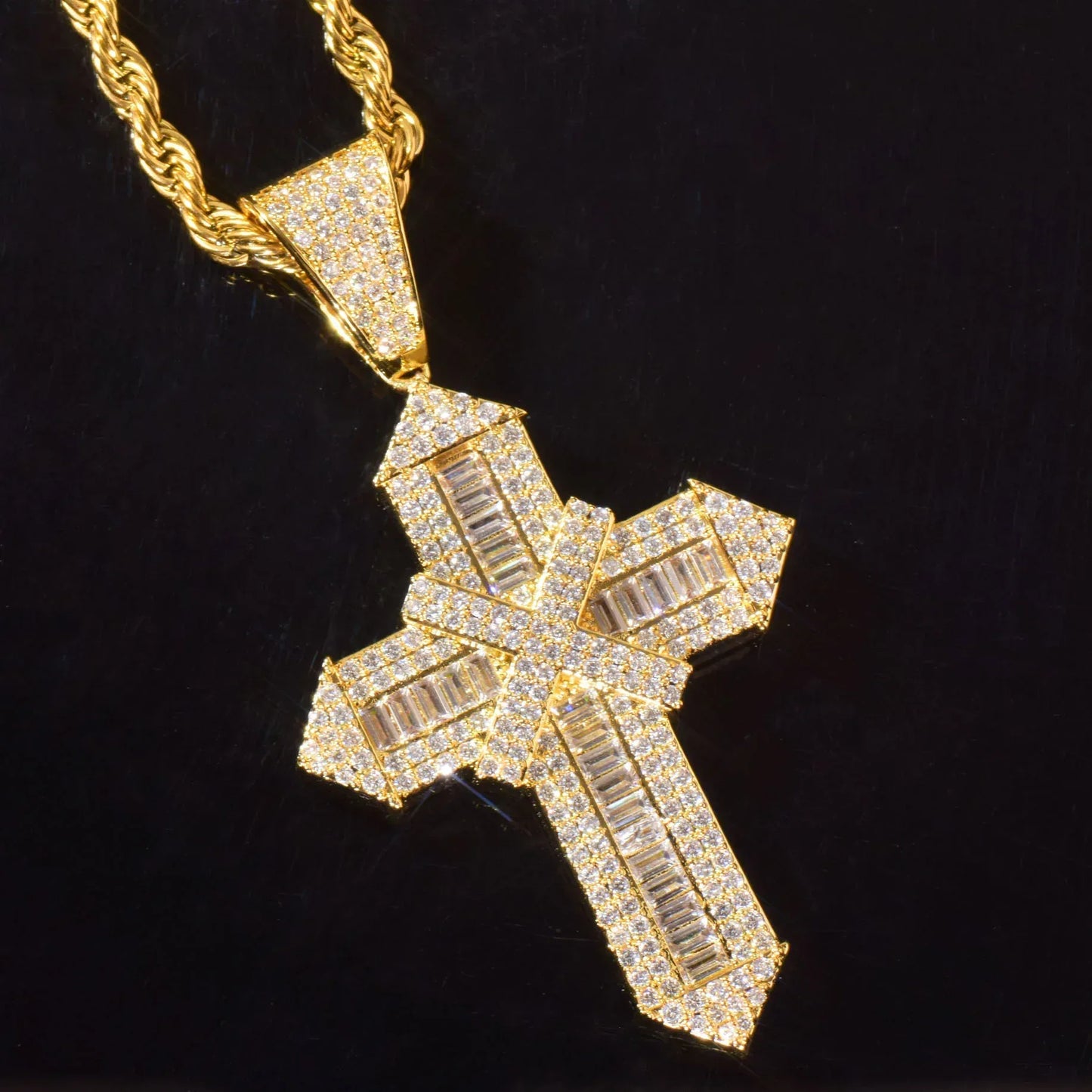 Iced Out Cross Pendant Necklace – Step-Cut Mixed Stone - CaratixJewelry