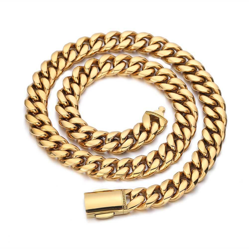12mm Cuban Chain Necklace with 18K Gold Plating and Spring Clasp for Men | Polished Stainless Steel | Caratix Jewelry - CaratixJewelry
