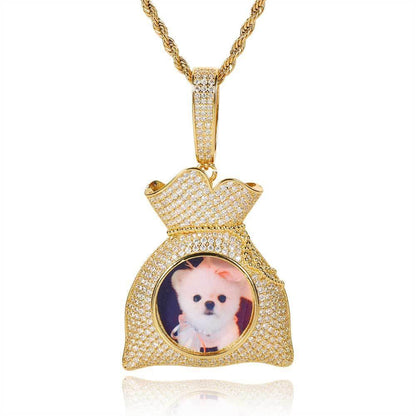 Custom Photo Pendant Hip Hop Necklace with Micro-Pave Zircon and DIY Money Bag Frame | Caratix Jewelry - CaratixJewelry