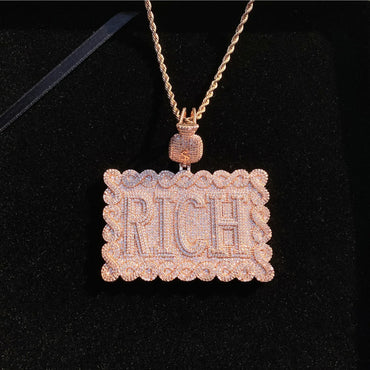 Iced Out "RICH" Dollar Sign Pendant | Men's Real Copper Square Medallion Necklace - CaratixJewelry