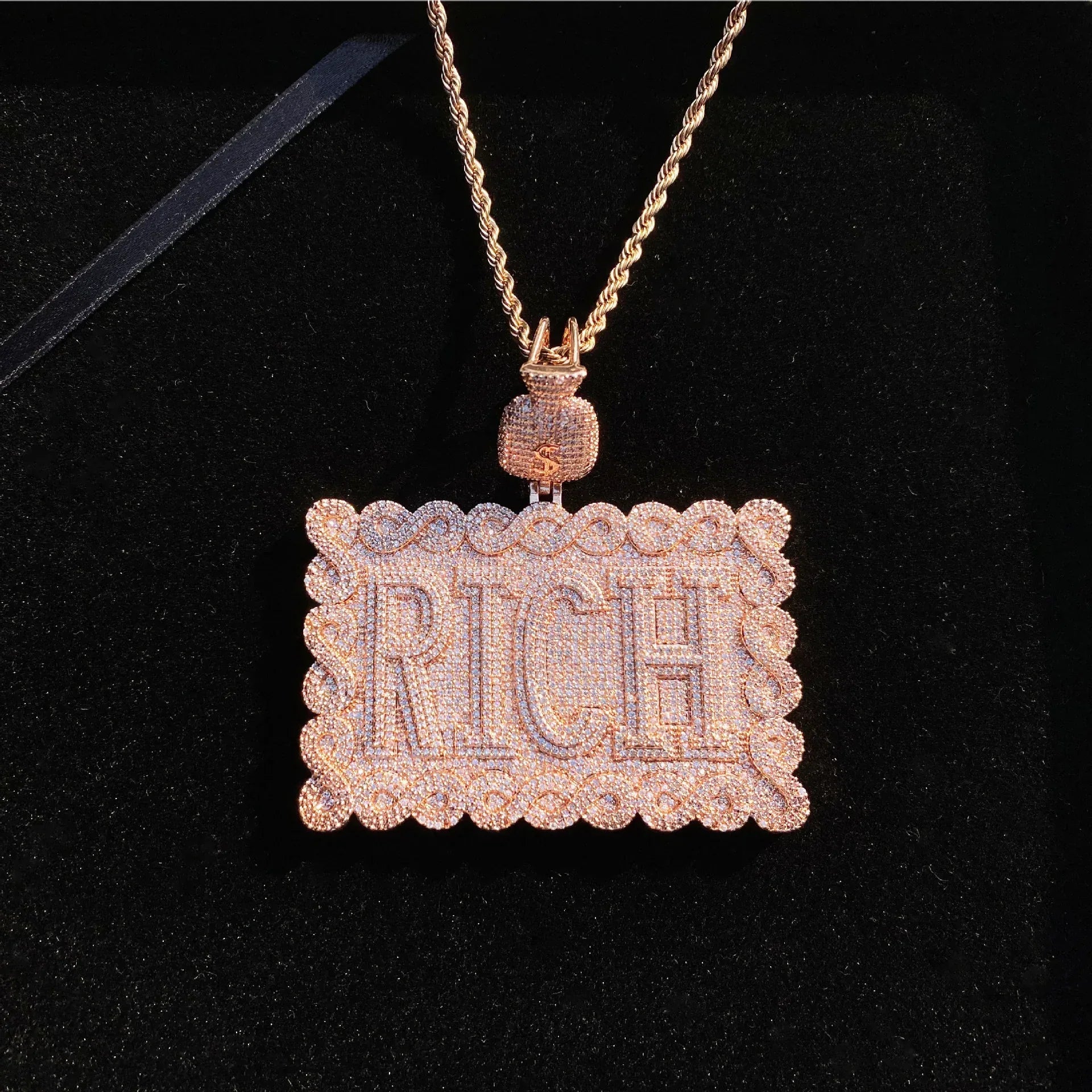Iced Out "RICH" Dollar Sign Pendant | Men's Real Copper Square Medallion Necklace - CaratixJewelry