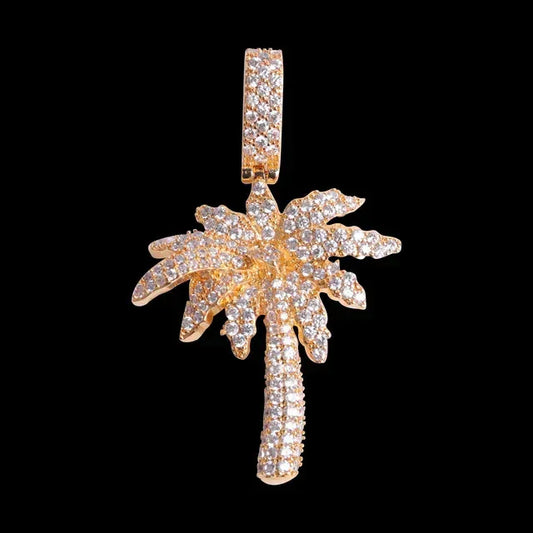 Miami Palm Tree Pendant Necklace for Men | Hip Hop Iced Out Pave CZ Jewelry | Tropical Copper Zircon Ice Pendant | Caratix - CaratixJewelry