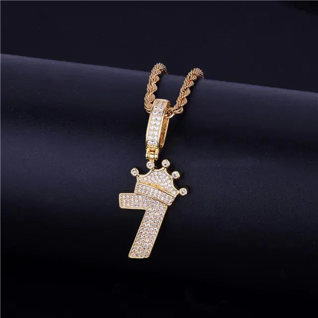 Luxury Iced Out Crown Number 7 Pendant | Lucky 7 Men's Hip Hop Necklace | Premium Copper CZ King Jewelry | CR7 Style Bling | Caratix - CaratixJewelry