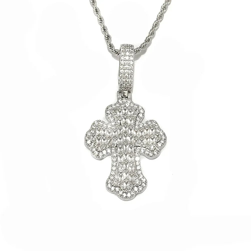 Double Layer Iced Out Baguette Cross Pendant | Men's Real Copper CZ Necklace - CaratixJewelry