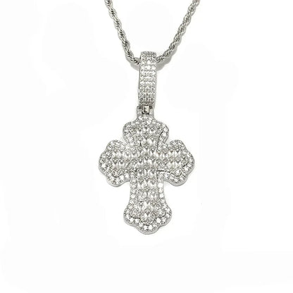 Double Layer Iced Out Baguette Cross Pendant | Men's Real Copper CZ Necklace - CaratixJewelry