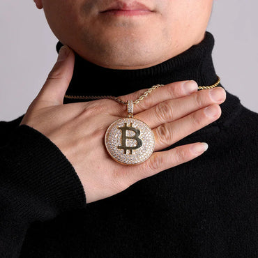 Iced Out Bitcoin Medallion Pendant | Men's Crypto BTC Coin Necklace Caratix - CaratixJewelry