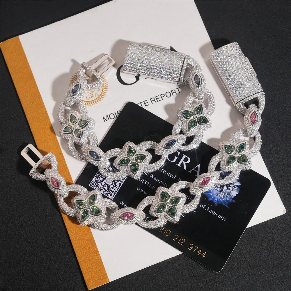 20mm Four-Leaf Clover Moissanite Cuban Link Bracelet – S925 Sterling Silver Iced-Out Hip Hop Streetwear Jewelry - CaratixJewelry