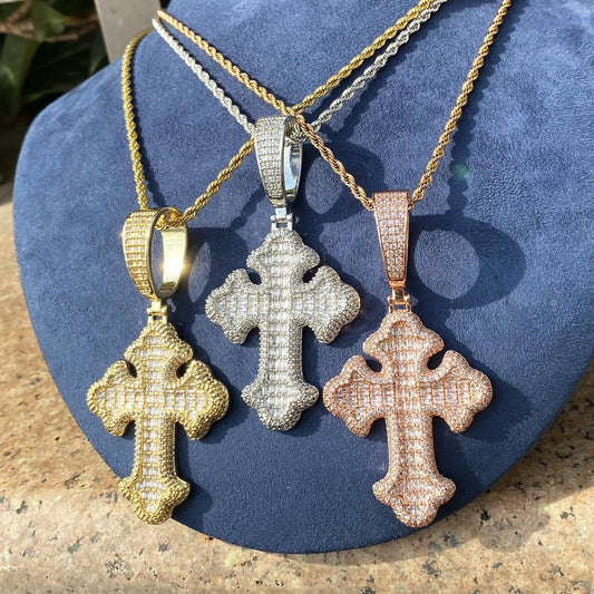 Iced Out Baguette Cross Pendant | Men's Real Copper CZ Necklace - CaratixJewelry
