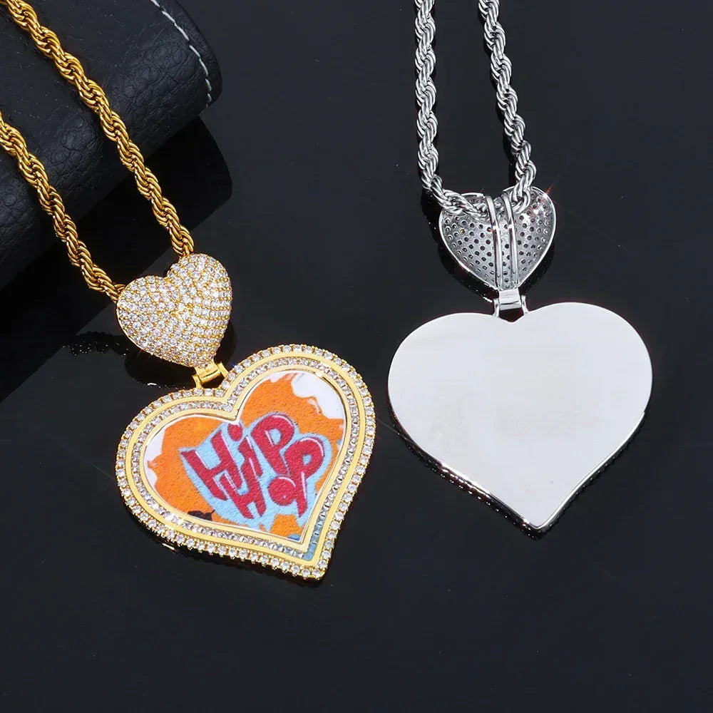 Custom Heart Photo Pendant Necklace with Zircon Stones for Men | Caratix Jewelry - CaratixJewelry