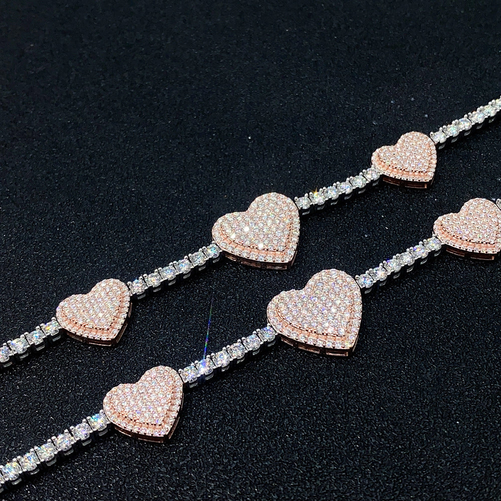 3mm Bi-Tone Heart Moissanite Tennis Chain | S925 Silver Iced Out Bracelet | Caratix