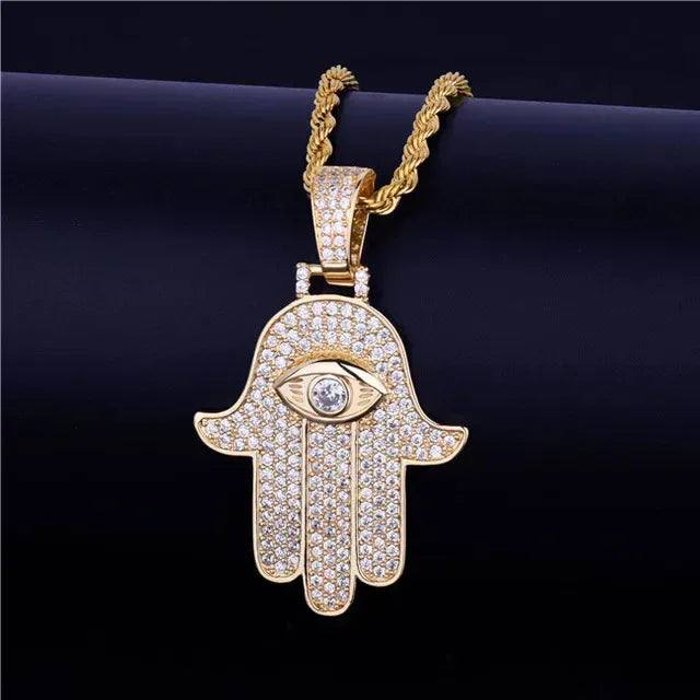 Iced Out Hamsa Hand Pendant Men's Hand of Fatima Necklace Caratix - CaratixJewelry