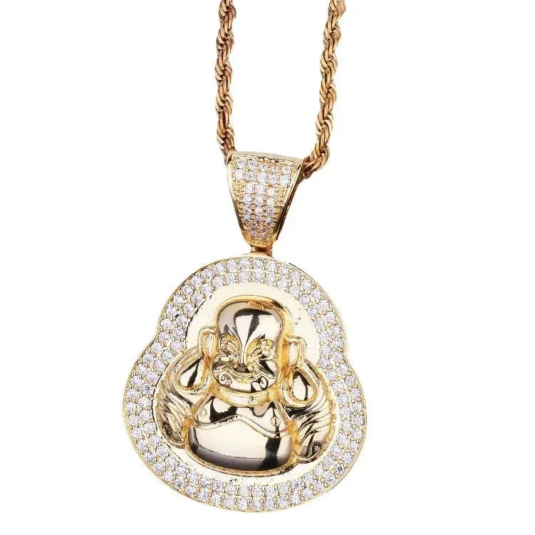 Iced Out Laughing Buddha Pendant | Men's Lucky Hip Hop Necklace | Premium Copper CZ Maitreya Jewelry | Wealth & Good Fortune | Caratix - CaratixJewelry