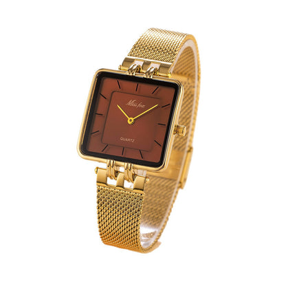 Classic Square Gold Watch Stainless Steel Mesh Band | Caratix