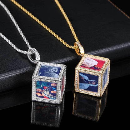 Custom Cube Memory Photo Pendant Necklace with Micro-Pave Zircon Stones | Caratix Jewelry - CaratixJewelry