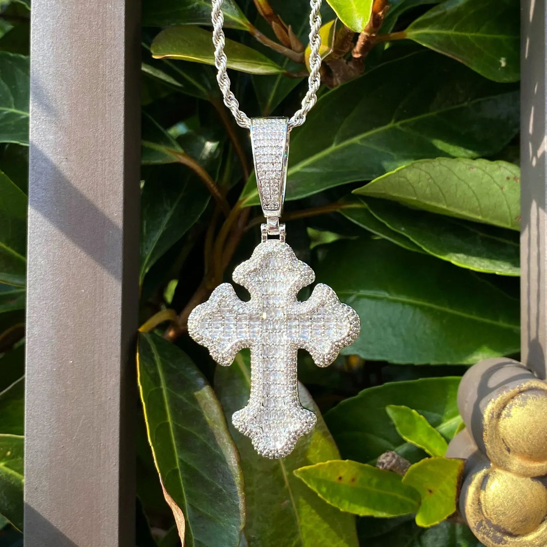 Iced Out Baguette Cross Pendant | Men's Real Copper CZ Necklace - CaratixJewelry