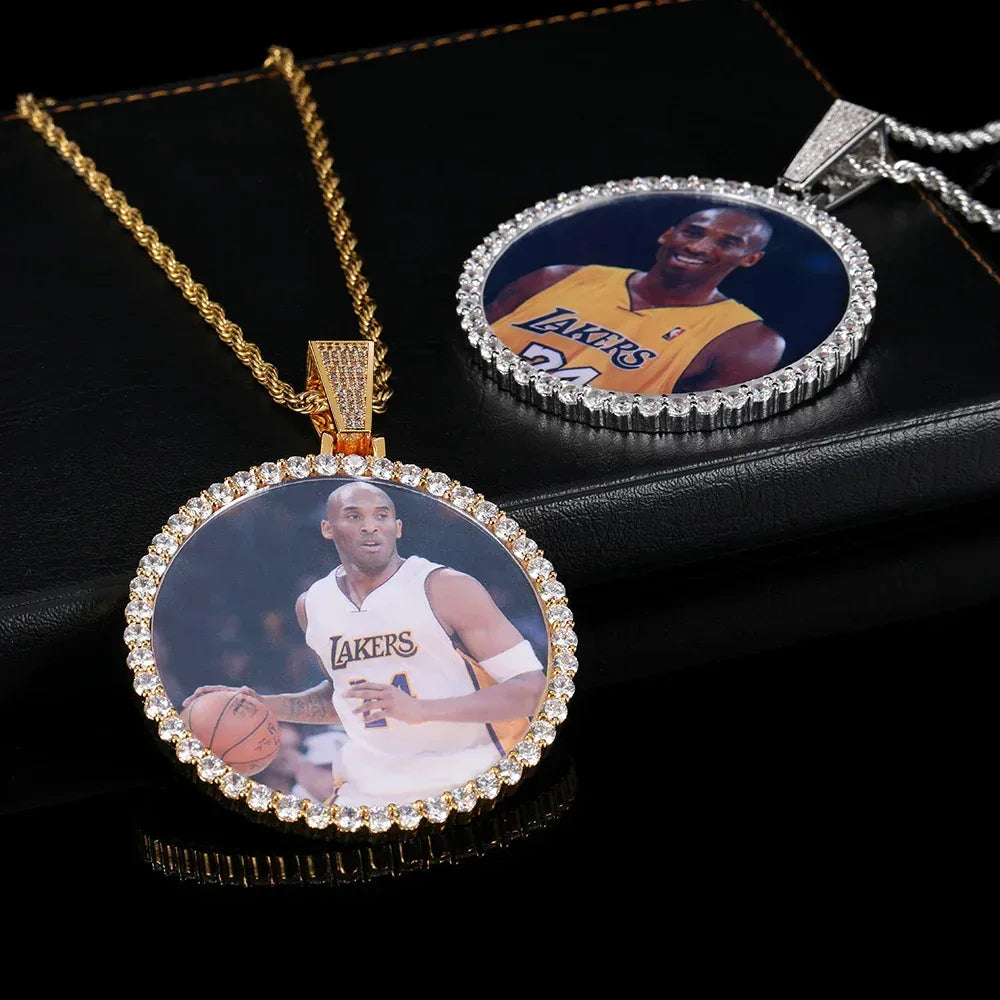Custom Large Round Photo Pendant Necklace with Zircon Stones for Men | Caratix Jewelry - CaratixJewelry