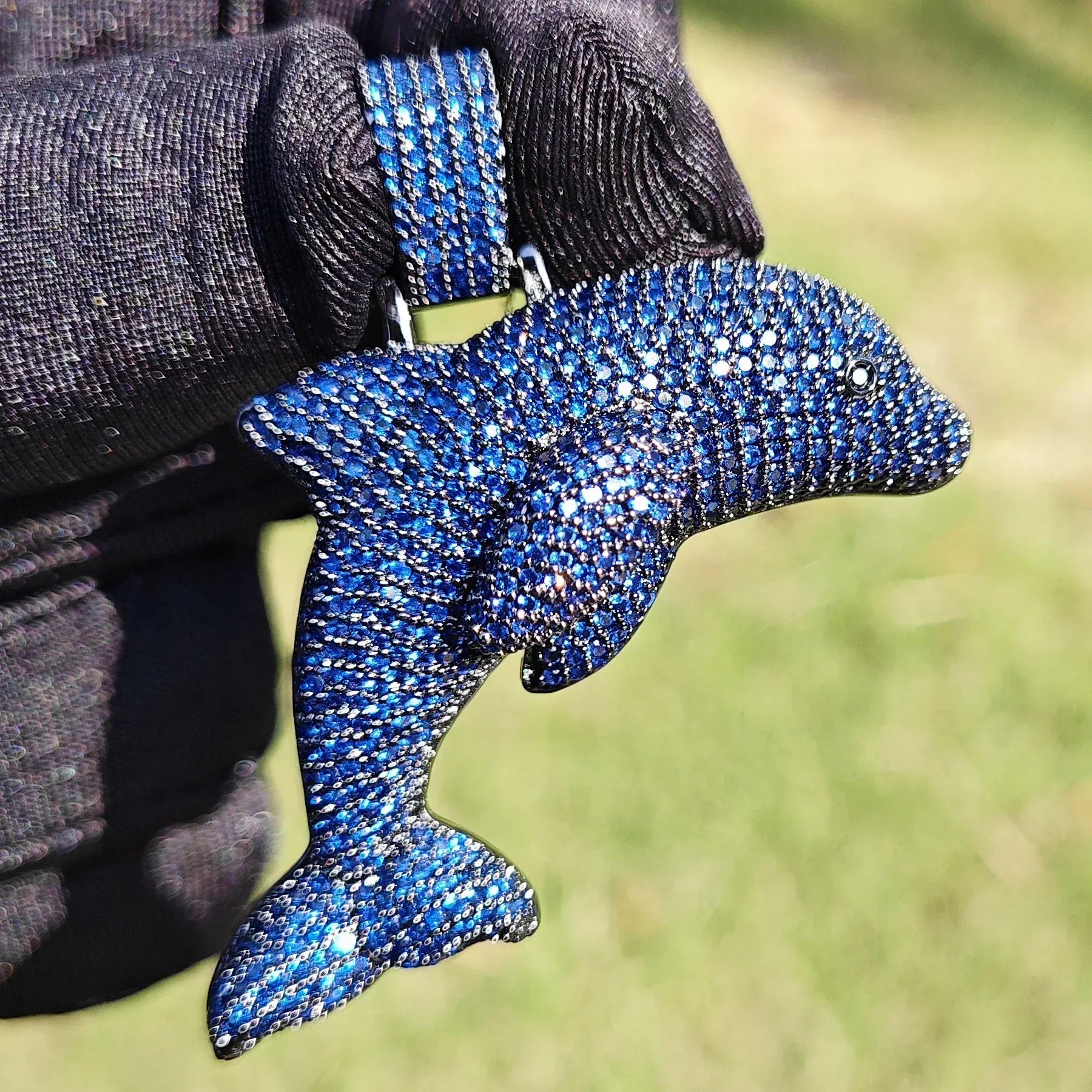 Iced Out Blue CZ Dolphin Pendant Necklace – Hip Hop Animal Jewelry for Men, Trendy Street Style - CaratixJewelry