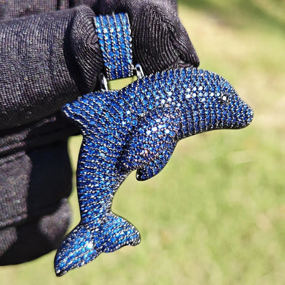 Iced Out Blue CZ Dolphin Pendant Necklace – Hip Hop Animal Jewelry for Men, Trendy Street Style - CaratixJewelry