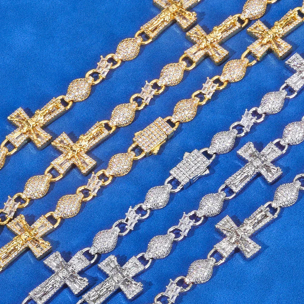 8mm Iced Out Bead Chain Cross Necklace T-Cut Zircon Rapper Iced Out Chain Style | Caratix Jewelry - CaratixJewelry