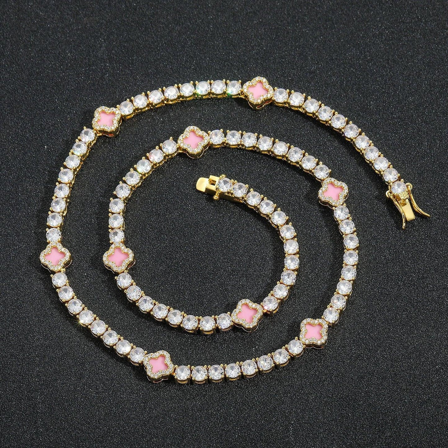 Exquisite Pink Clover Zircon Tennis Necklace | Women's Luxury Bling Jewelry Choker | Caratix - CaratixJewelry