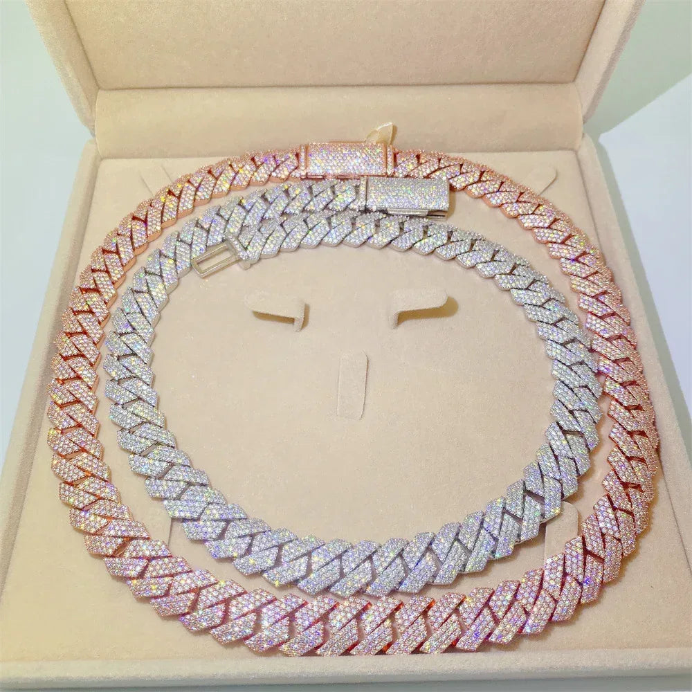15mm Three-Row Moissanite Cuban Link Necklace | S925 Silver Iced Out Chain - CaratixJewelry
