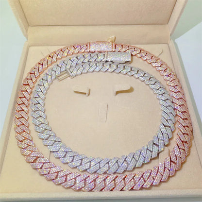 15mm Three-Row Moissanite Cuban Link Necklace | S925 Silver Iced Out Chain - CaratixJewelry