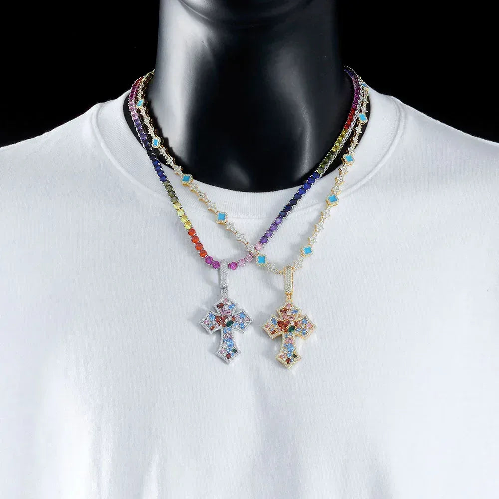 Colorful Zircon Cross Pendant Necklace Hip Hop Jewelry | Caratix Jewelry - CaratixJewelry