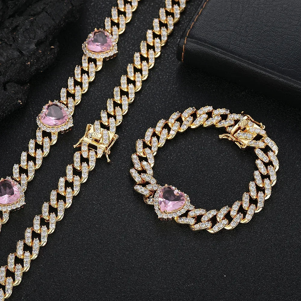 10mm Pink Zircon Heart Cuban Link Bracelet - CaratixJewelry