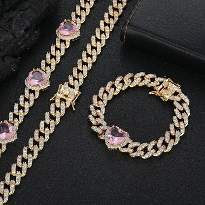 10mm Pink Zircon Heart Cuban Link Bracelet - CaratixJewelry