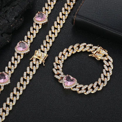 10mm Pink Zircon Heart Pendant Cuban Chain Necklace - CaratixJewelry