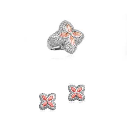 Men's Iced Out Clover Ring & Stud Earrings Set | Flower Motif Bling | Caratix