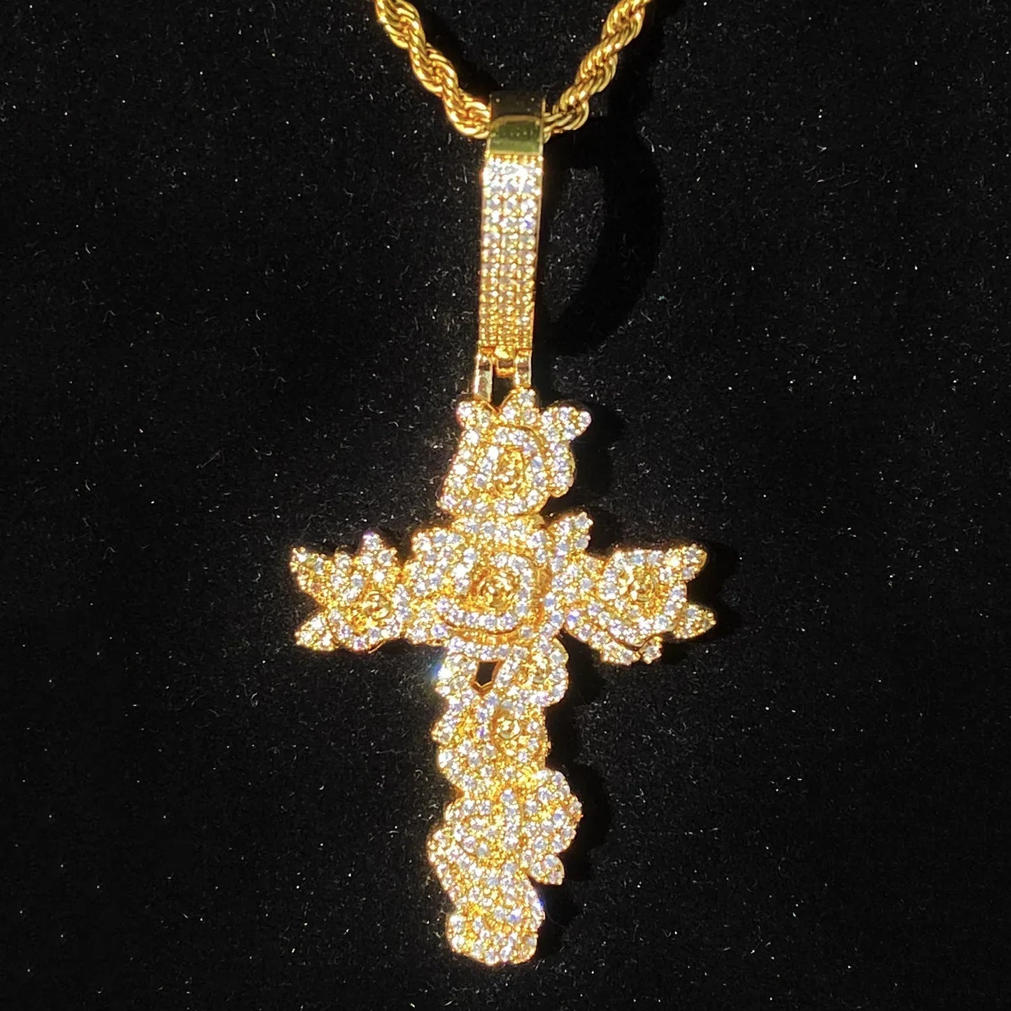 Iced Out Rose Cross Pendant | Women's Blooming Floral Necklace - CaratixJewelry