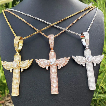 Iced Out Micro Winged Cross Pendant | Unisex Minimalist "Mini" Necklace - CaratixJewelry