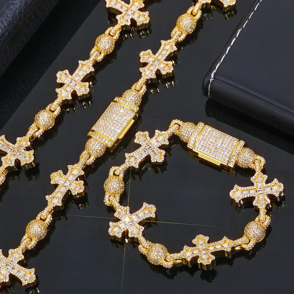 Rapper Iced Out Chain Round Bead Zircon Cross Necklace for Men | Caratix Jewelry - CaratixJewelry