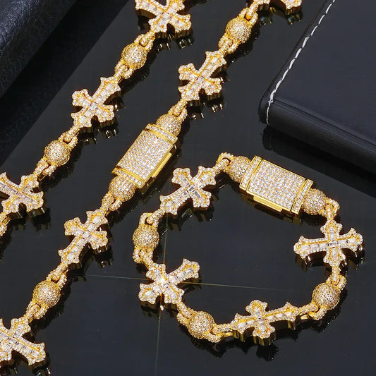 Rapper Iced Out Chain Round Bead Zircon Cross Necklace for Men | Caratix Jewelry - CaratixJewelry