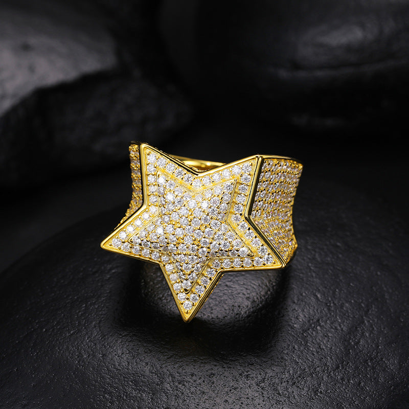 Unisex S925 Sterling Silver Moissanite Star Ring – Iced-Out Hip-Hop Statement Band