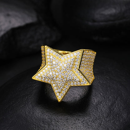 Unisex S925 Sterling Silver Moissanite Star Ring – Iced-Out Hip-Hop Statement Band