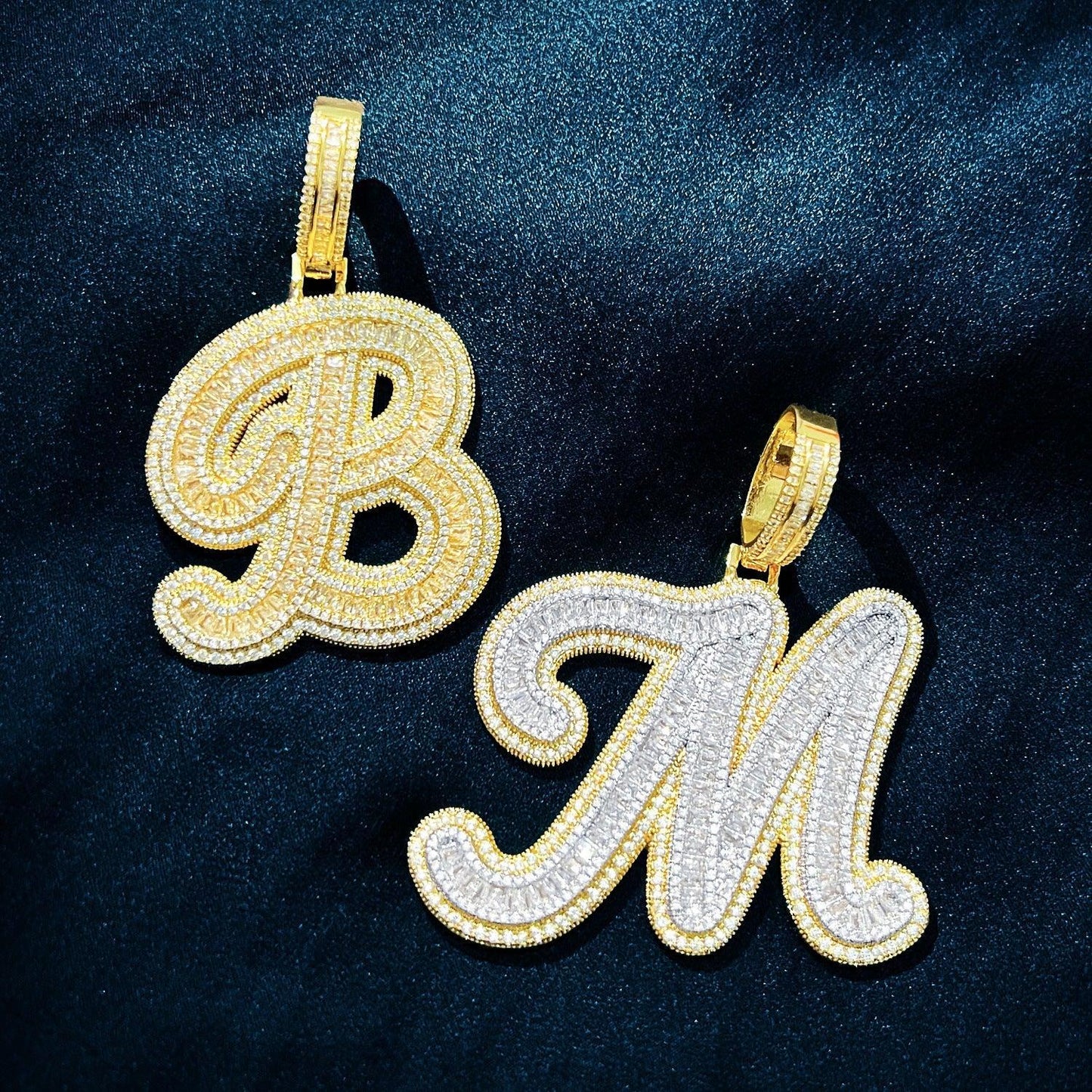 Baguette Script Letter Pendant | CZ Iced Out Hip Hop Unisex Streetwear Necklace - CaratixJewelry