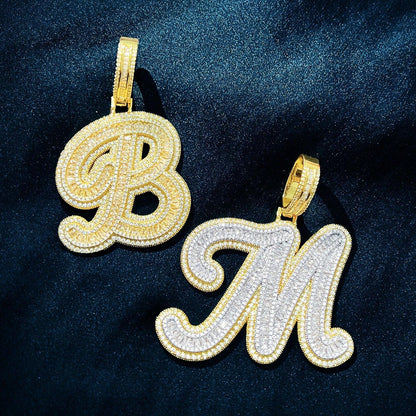 Baguette Script Letter Pendant | CZ Iced Out Hip Hop Unisex Streetwear Necklace - CaratixJewelry