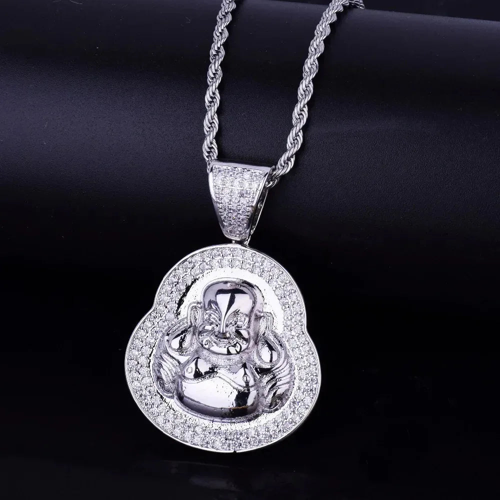 Iced Out Laughing Buddha Pendant | Men's Lucky Hip Hop Necklace | Premium Copper CZ Maitreya Jewelry | Wealth & Good Fortune | Caratix - CaratixJewelry