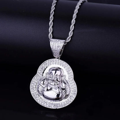 Iced Out Laughing Buddha Pendant | Men's Lucky Hip Hop Necklace | Premium Copper CZ Maitreya Jewelry | Wealth & Good Fortune | Caratix - CaratixJewelry