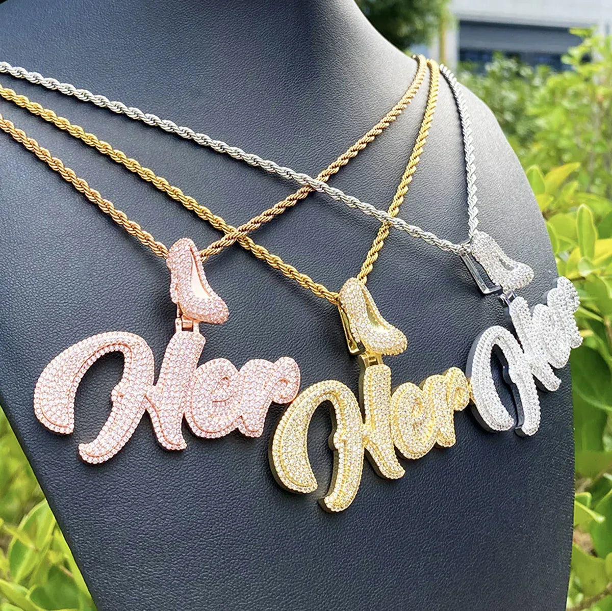 Iced Out "HER" Stiletto Letter Pendant | Women's Real Copper High Heel Necklace - CaratixJewelry