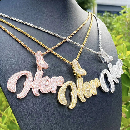 Iced Out "HER" Stiletto Letter Pendant | Women's Real Copper High Heel Necklace - CaratixJewelry