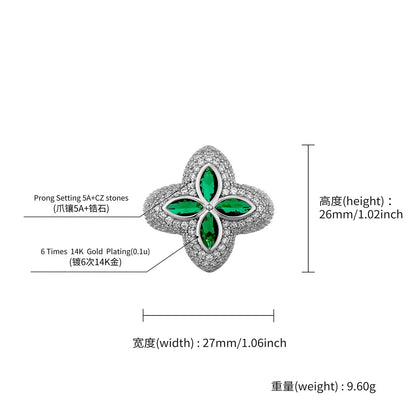 Men's Iced Out Four-Leaf Clover Ring | Flower Motif Hip Hop Band | Caratix