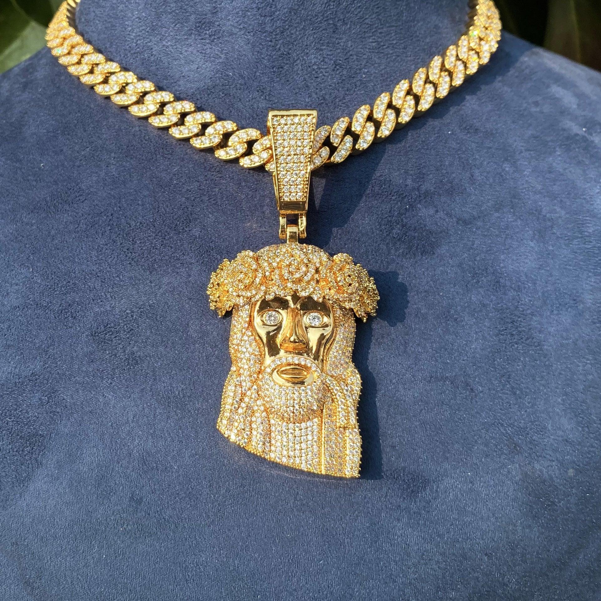 Women's Iced Out Jesus Head Pendant with Rose | Real Copper CZ Necklace - CaratixJewelry