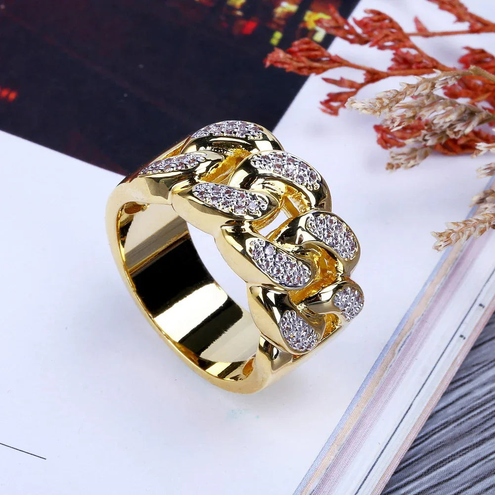 18K Gold Plated Iced Out Chain Link Ring | Pave Zirconia Band | Caratix