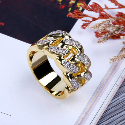 18K Gold Plated Iced Out Chain Link Ring | Pave Zirconia Band | Caratix